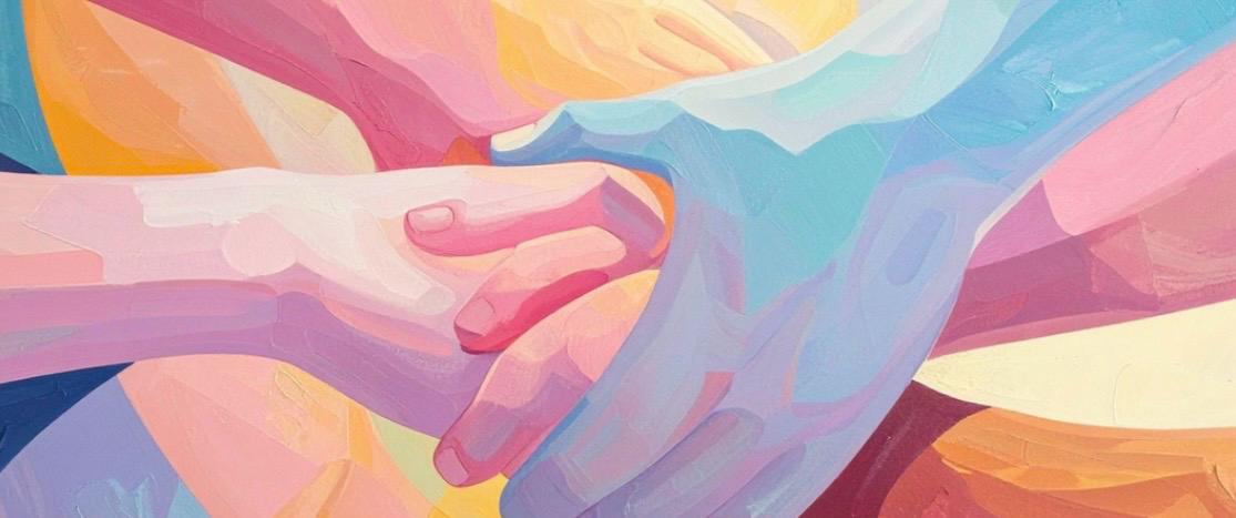 Ilustração abstrata de várias mãos entrelaçadas, pintadas em tons suaves e variados, como rosa, azul, lilás e amarelo. As mãos se sobrepõem delicadamente. O fundo também é composto por formas fluidas e coloridas.