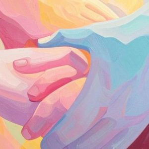 Ilustração abstrata de várias mãos entrelaçadas, pintadas em tons suaves e variados, como rosa, azul, lilás e amarelo. As mãos se sobrepõem delicadamente. O fundo também é composto por formas fluidas e coloridas.