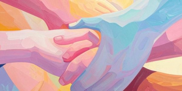 Ilustração abstrata de várias mãos entrelaçadas, pintadas em tons suaves e variados, como rosa, azul, lilás e amarelo. As mãos se sobrepõem delicadamente. O fundo também é composto por formas fluidas e coloridas.