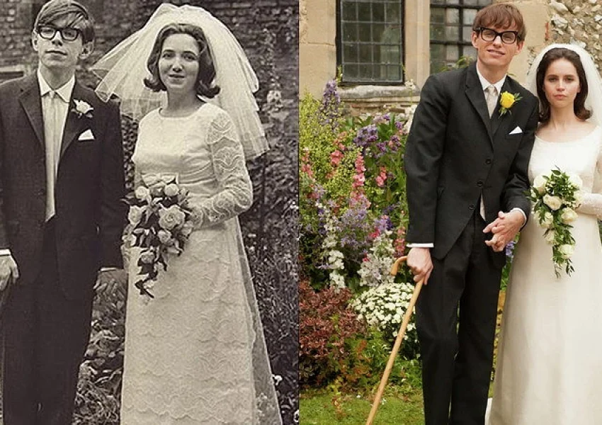 A imagem mostra, lado a lado, duas fotografias de um casal em seu casamento, comparando o registro histórico em preto e branco à esquerda com a recriação em cores de uma cena do filme “The Theory of Everything” à direita, ambos vestidos com trajes de noiva e noivo semelhantes e segurando buquês de flores, com o noivo apoiado em uma bengala em cada foto.