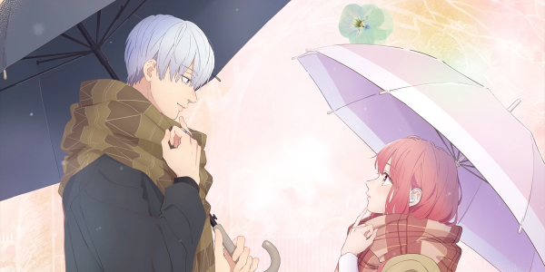 Ilustração em estilo anime mostrando duas pessoas sob guarda-chuvas. À esquerda, uma pessoa de cabelos curtos prateados veste um casaco escuro com gola marrom e segura um guarda-chuva preto. À direita, uma pessoa de cabelos longos avermelhados veste um casaco verde-claro e segura um guarda-chuva lilás. As duas estão posicionadas uma de frente para a outra sobre um fundo claro com flores em tons de amarelo, rosa, verde e roxo. No topo da capa há um título em caracteres japoneses.