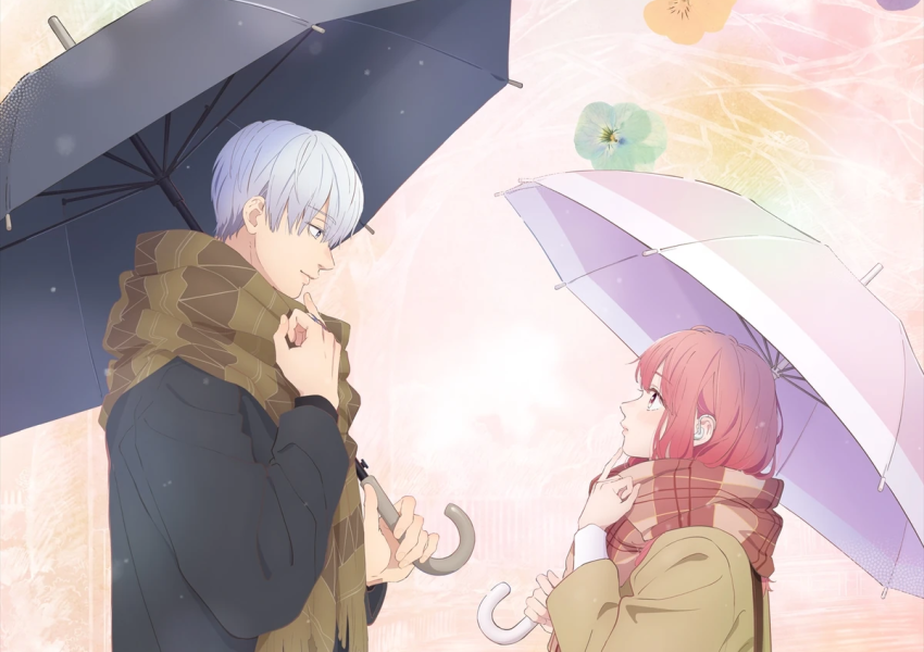 Ilustração em estilo anime mostrando duas pessoas sob guarda-chuvas. À esquerda, uma pessoa de cabelos curtos prateados veste um casaco escuro com gola marrom e segura um guarda-chuva preto. À direita, uma pessoa de cabelos longos avermelhados veste um casaco verde-claro e segura um guarda-chuva lilás. As duas estão posicionadas uma de frente para a outra sobre um fundo claro com flores em tons de amarelo, rosa, verde e roxo. No topo da capa há um título em caracteres japoneses.